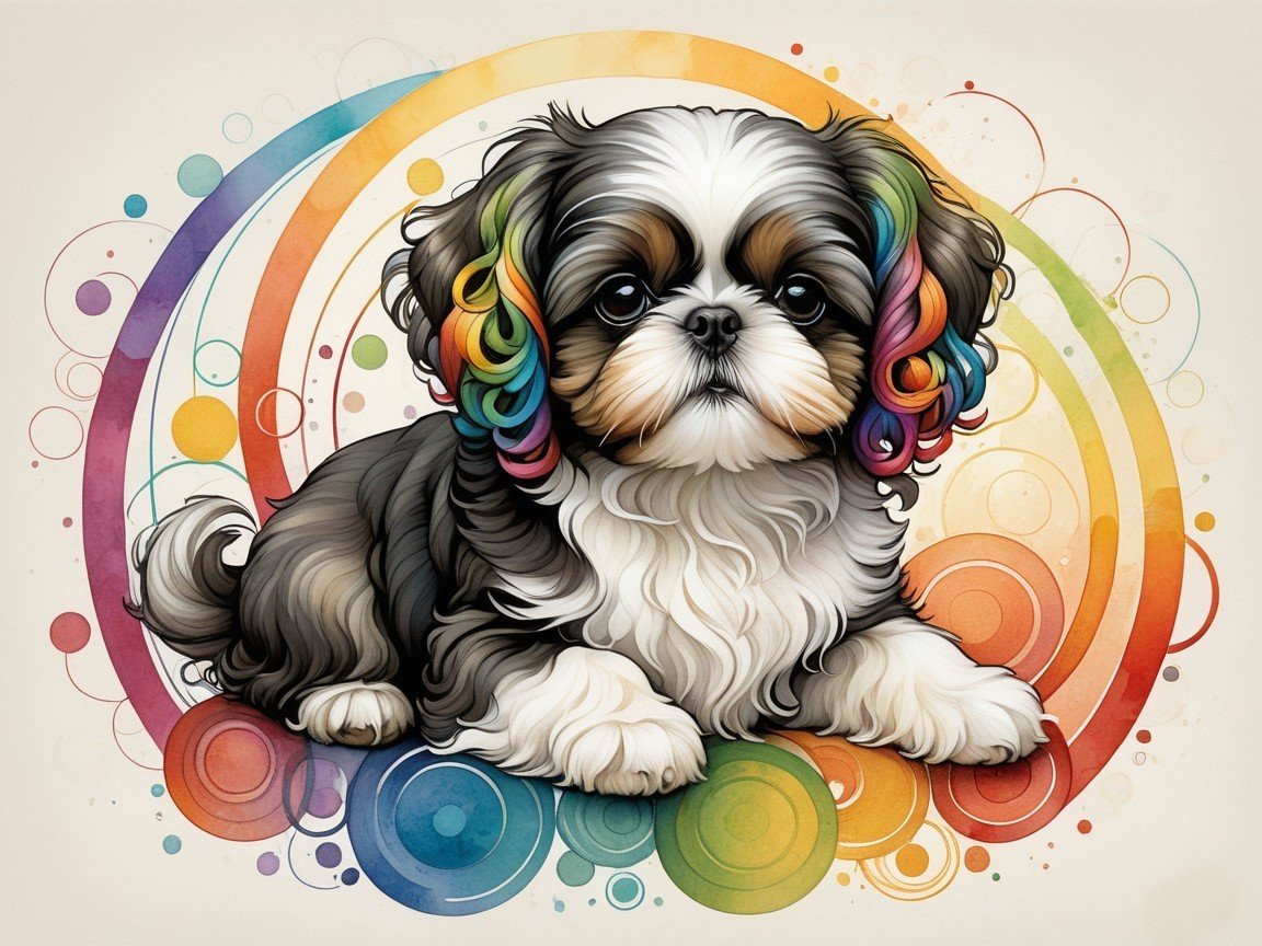 Shih Tzu Puppy with Colorful Coat and Playful Background