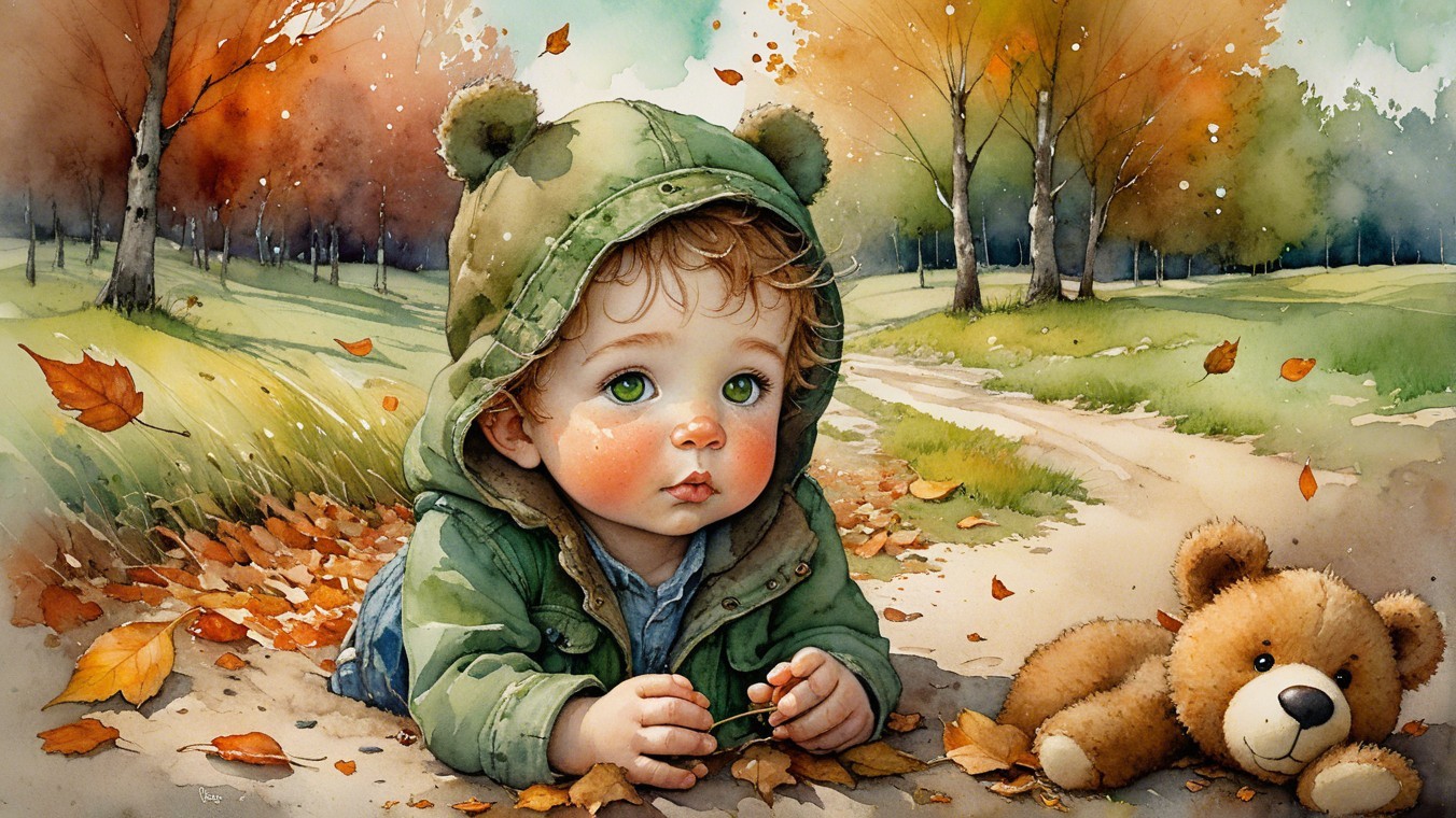 Child in Bear Jacket Surrounded by Autumn Leaves