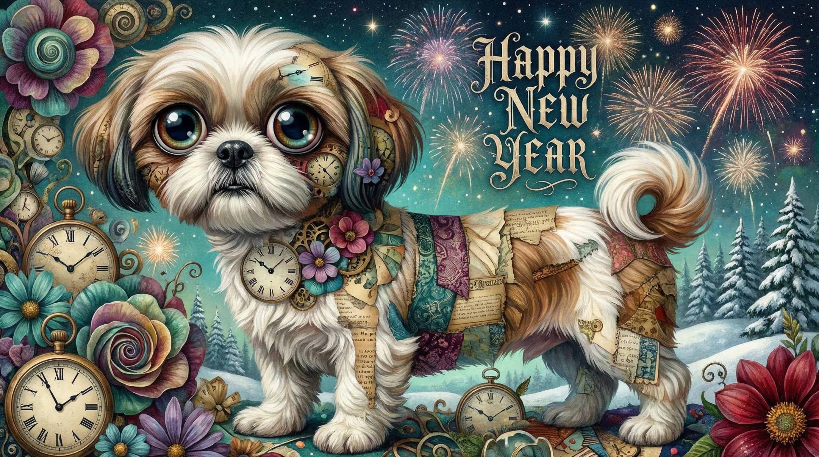 Steampunk Shih Tzu Puppy in Snowy Fireworks Scene