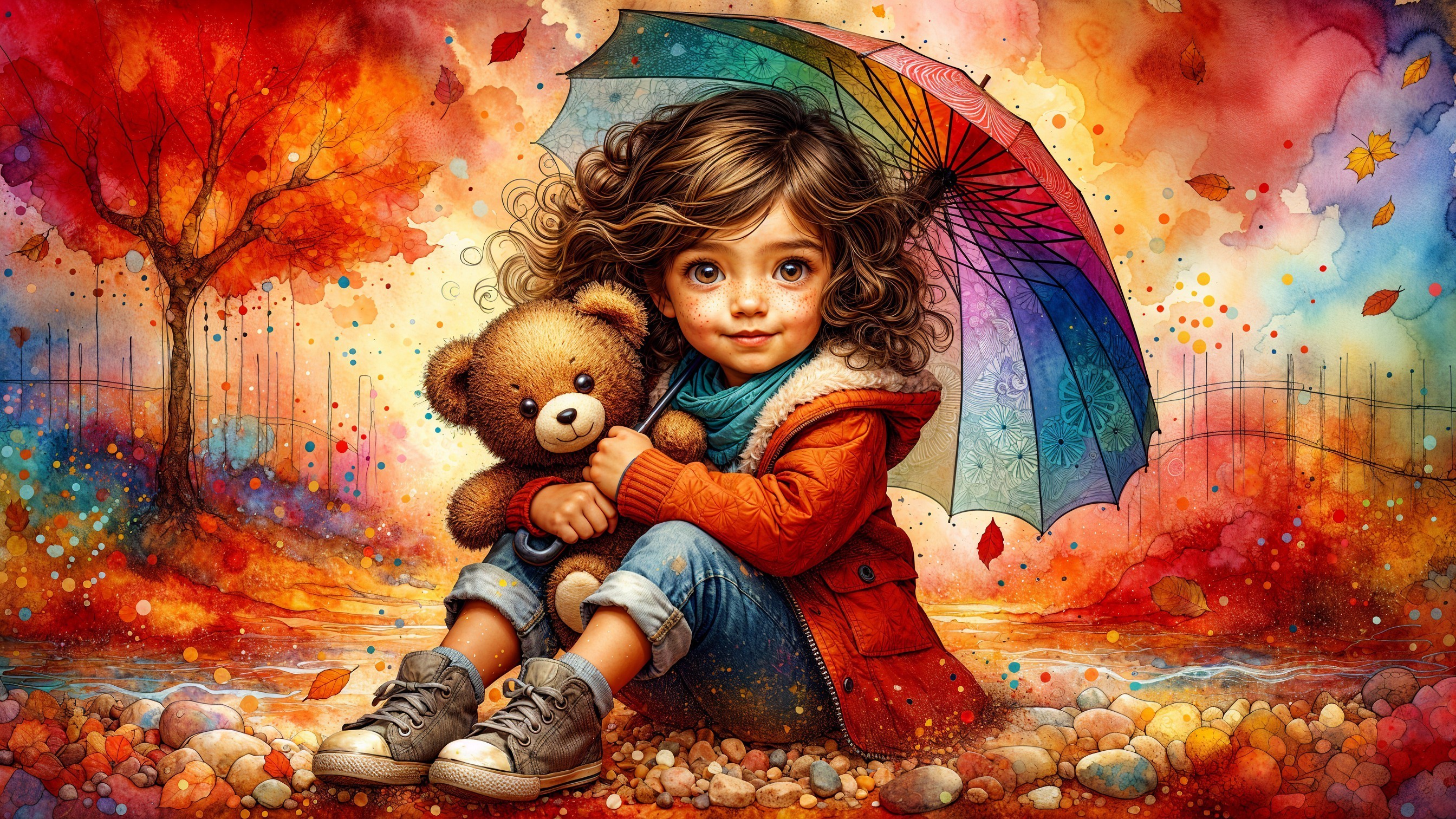 Whimsical Autumn Scene with Girl and Teddy Bear