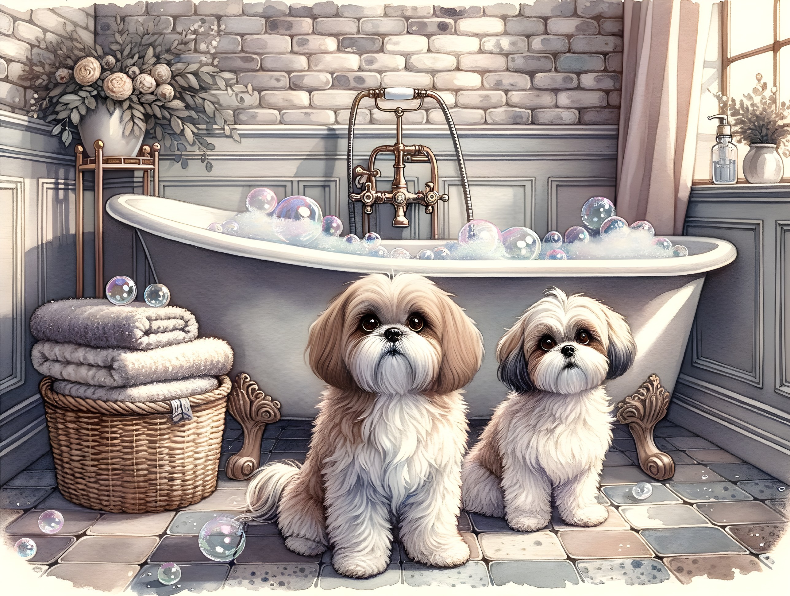 Charming Bathroom with Fluffy Dogs and Clawfoot Tub