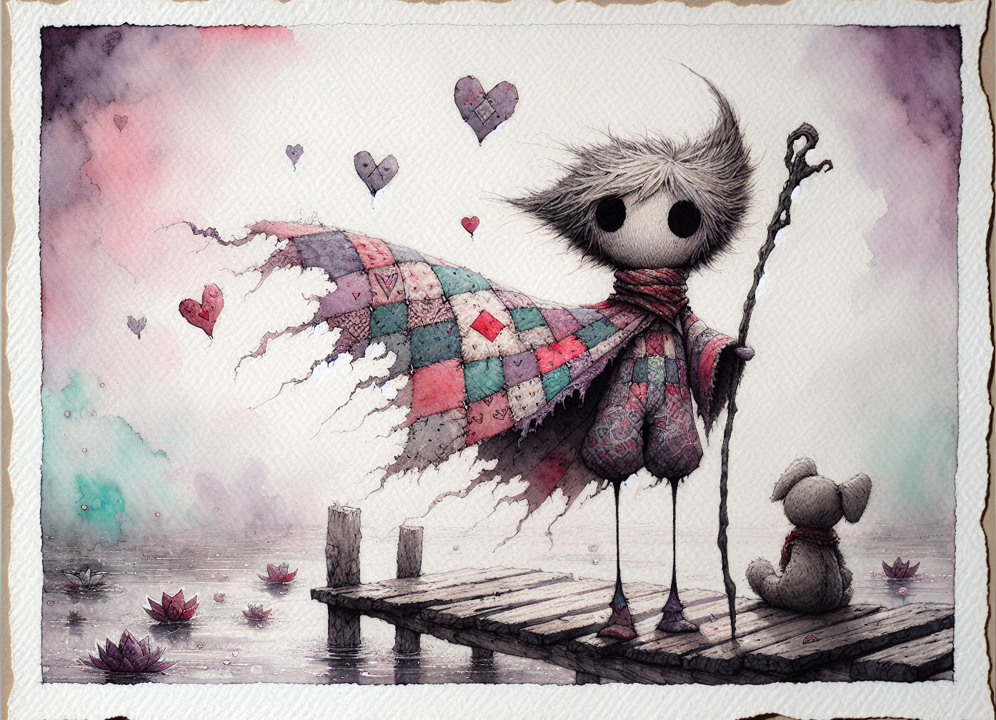 Whimsical Character on Dock with Floating Hearts
