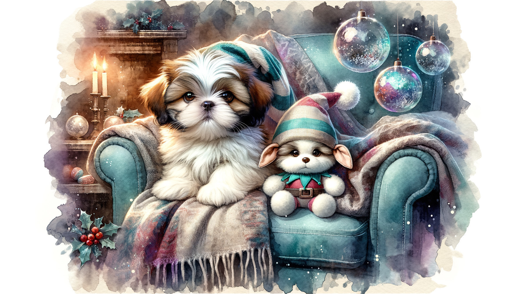 Watercolor Painting of Shih Tzu Puppy and Teddy Bear