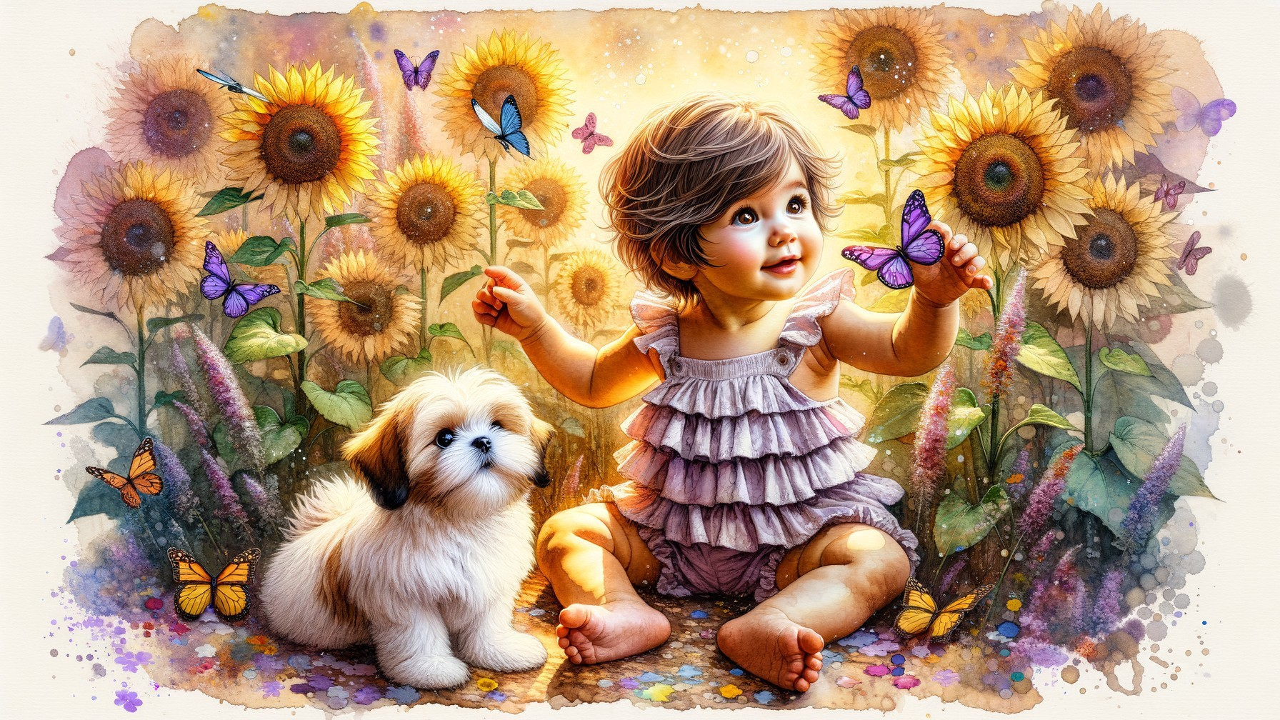 Joyful Baby Surrounded by Sunflowers and Butterflies