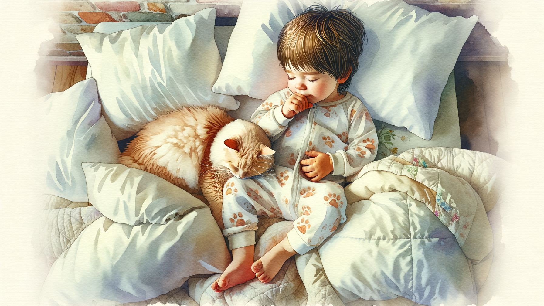 Child and Cat Sleeping on Pillows Under a Quilt