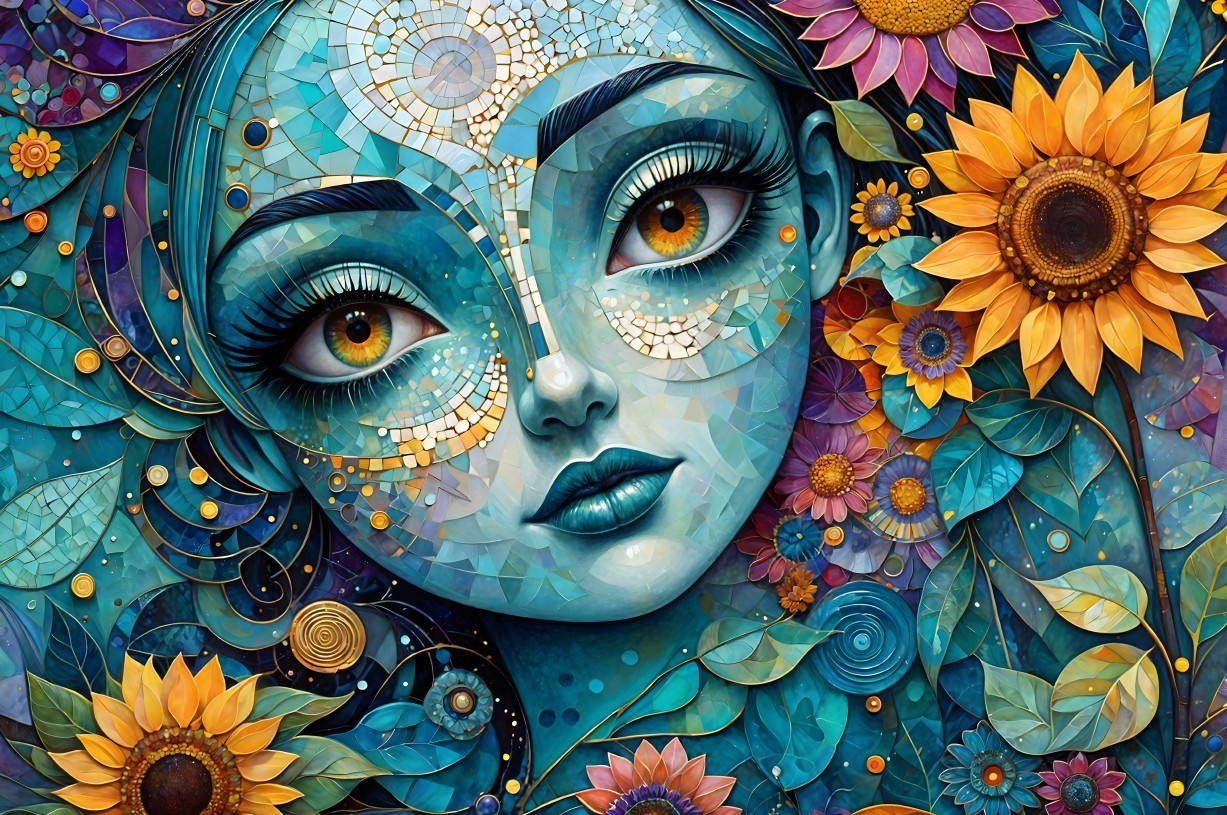 Stylized Female Face in Vibrant Mosaic Patterns