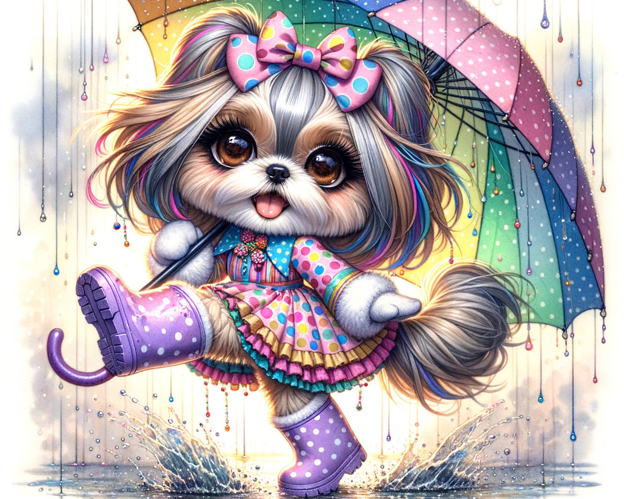 Cartoon Puppy in Polka-Dots Under Colorful Umbrella