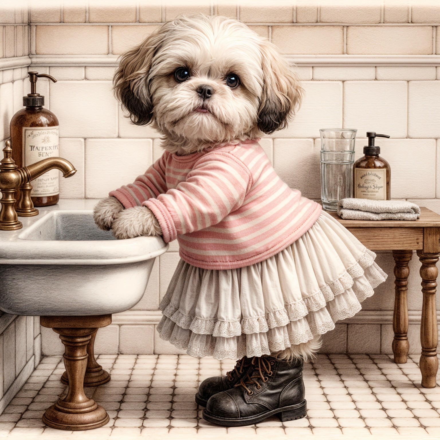 Shih Tzu in Cozy Bathroom with Vintage Toiletries