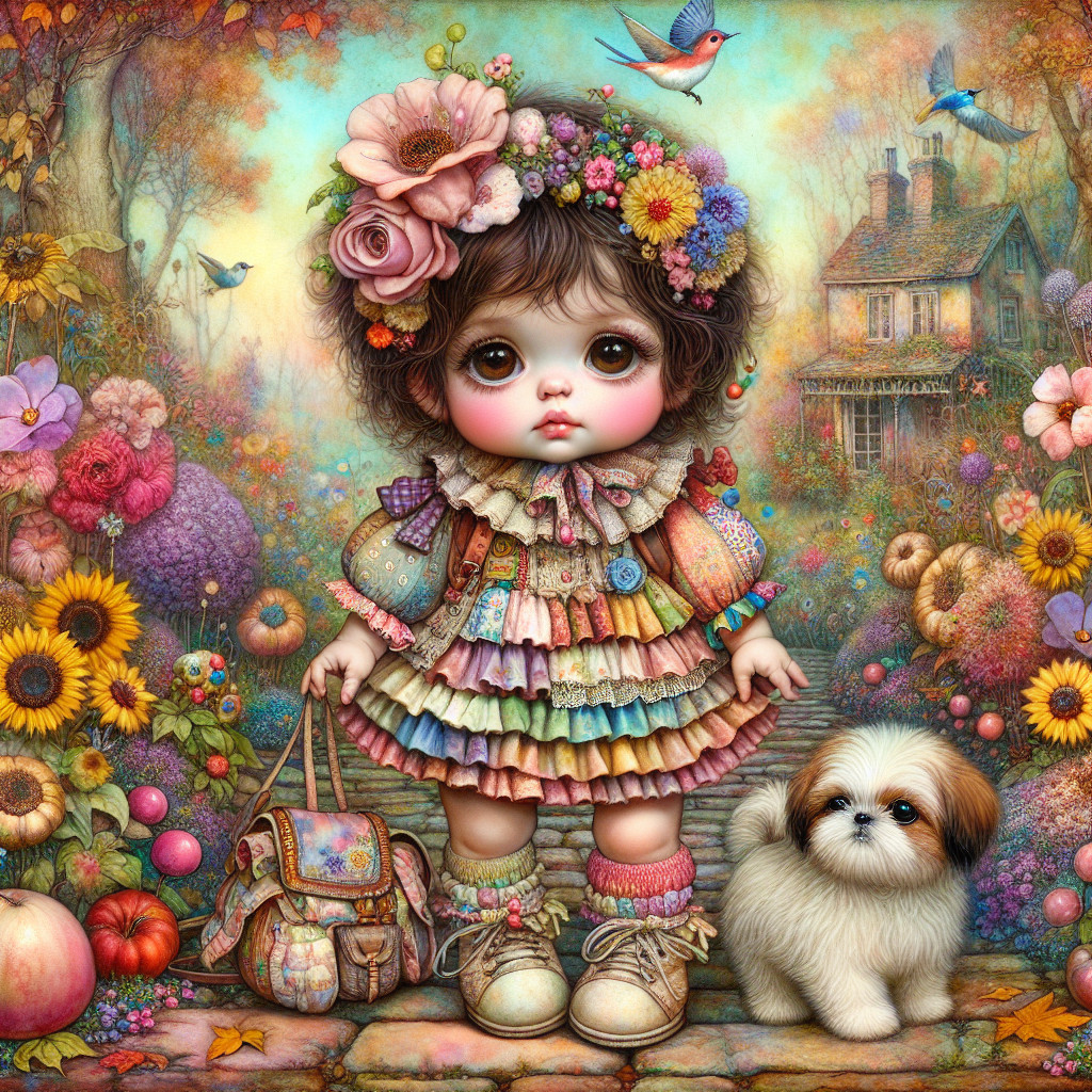 Charming Doll-like Girl Surrounded by Nature and Animals