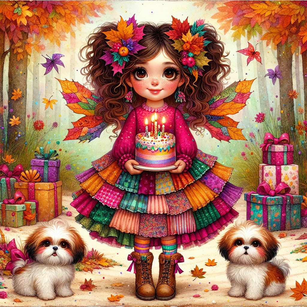 Whimsical girl in autumn forest with birthday cake