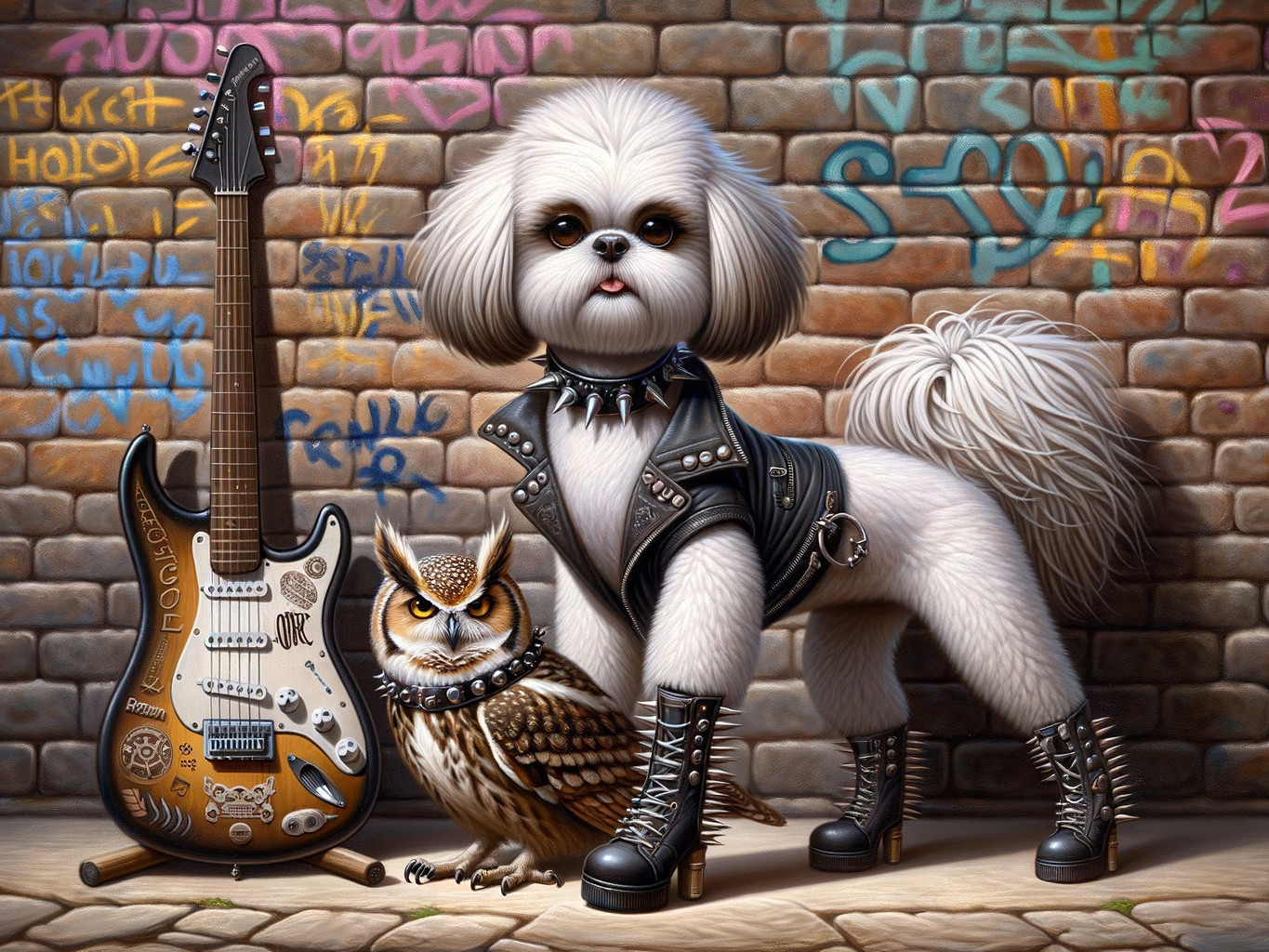 Punk Dog and Owl Against Graffiti Wall Setting