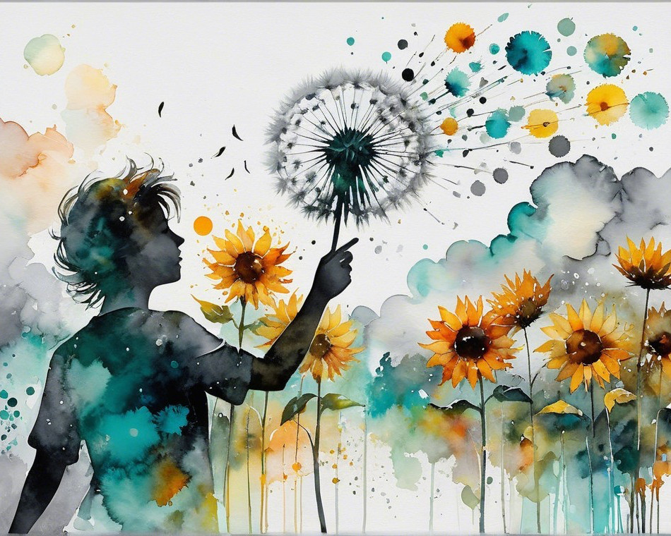 Whimsical Watercolor of Child with Dandelion and Sunflowers