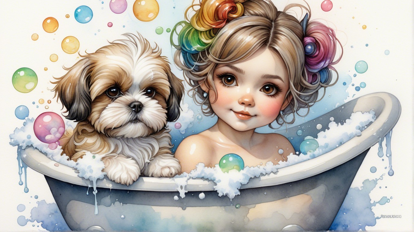 Young girl in colorful bubbly bathtub with puppy