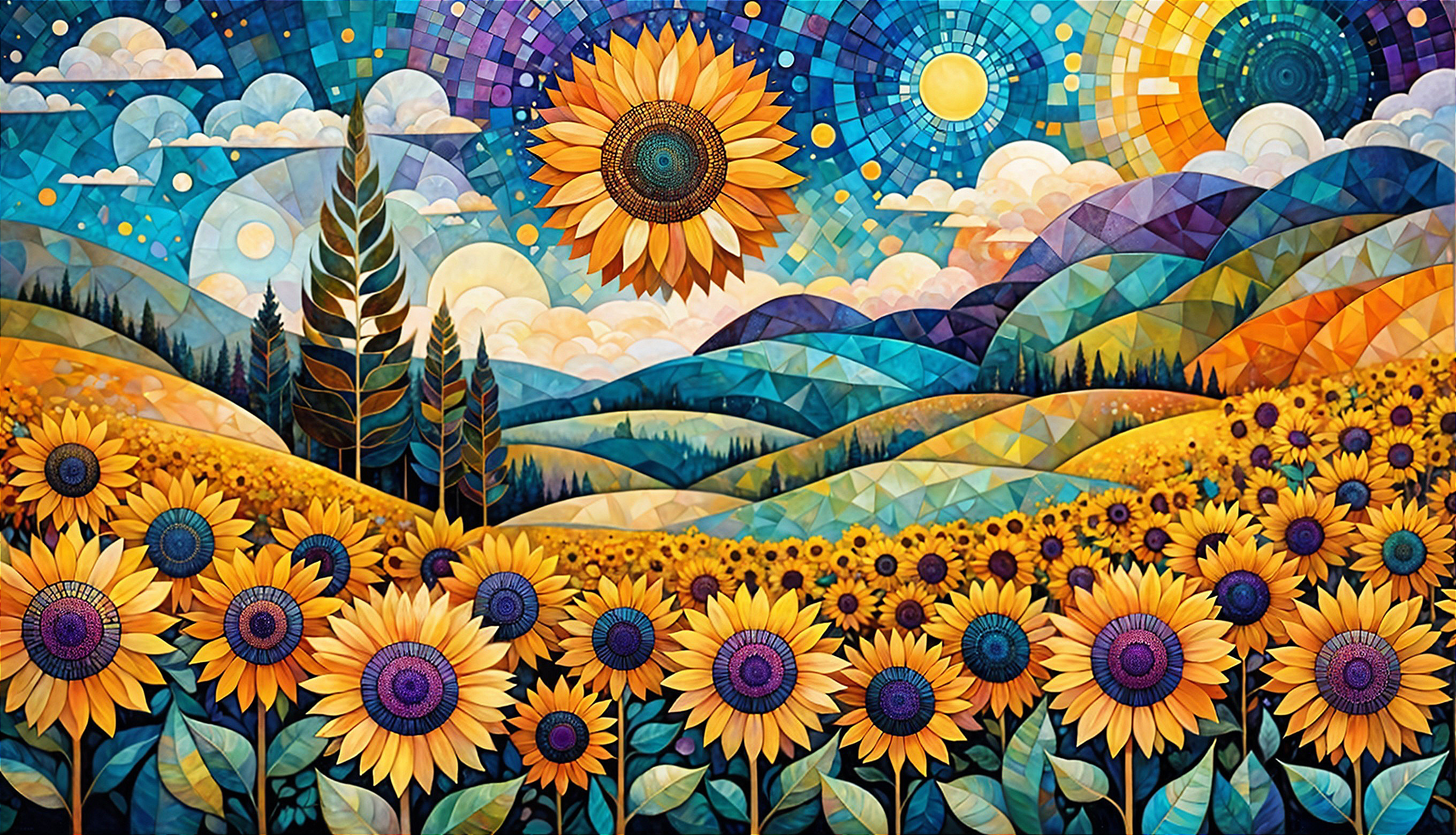 Vibrant Abstract Landscape with Oversized Sunflowers
