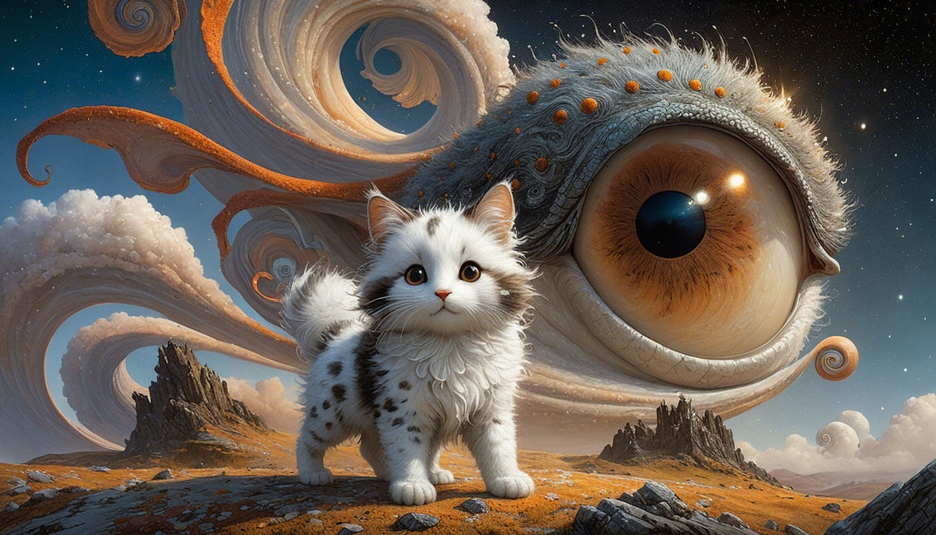 Fluffy Kitten and Giant Octopus in Surreal Landscape