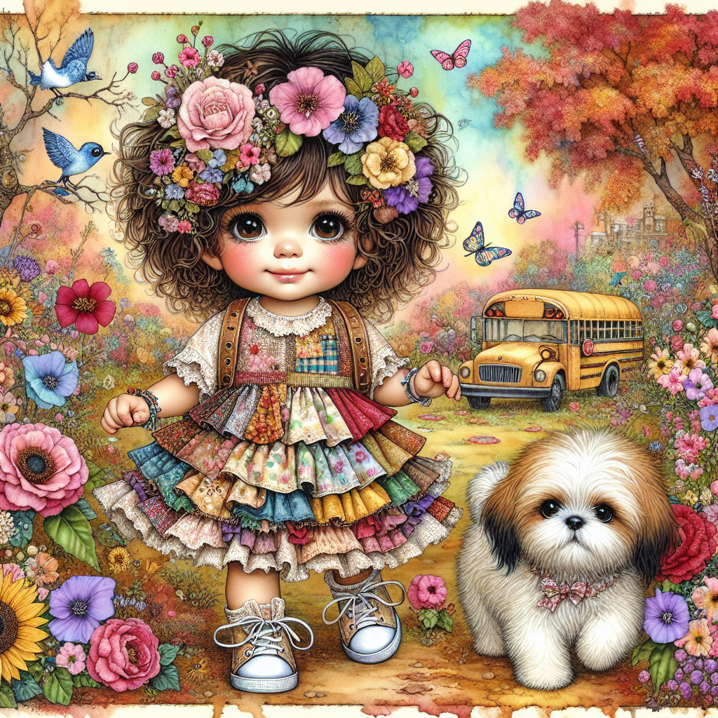 Young girl in garden with flowers and butterflies