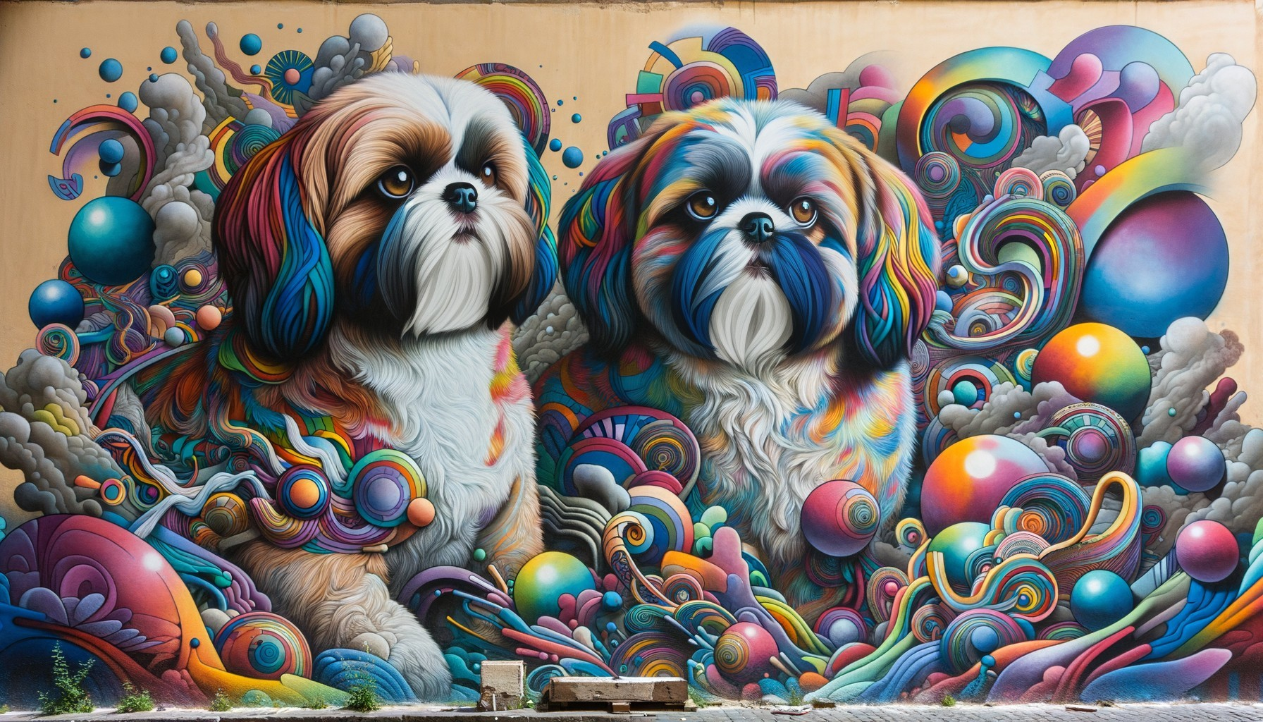 Vibrant Mural of Colorful Shih Tzu Dogs and Patterns
