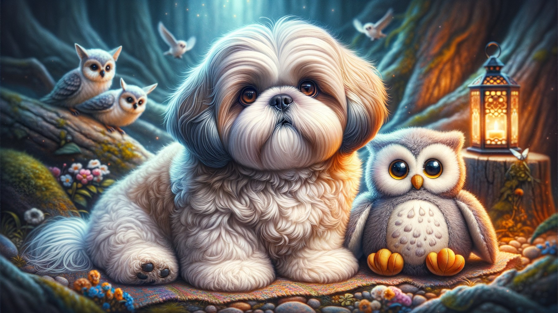 Fluffy Shih Tzu and Owl in Enchanted Forest Scene