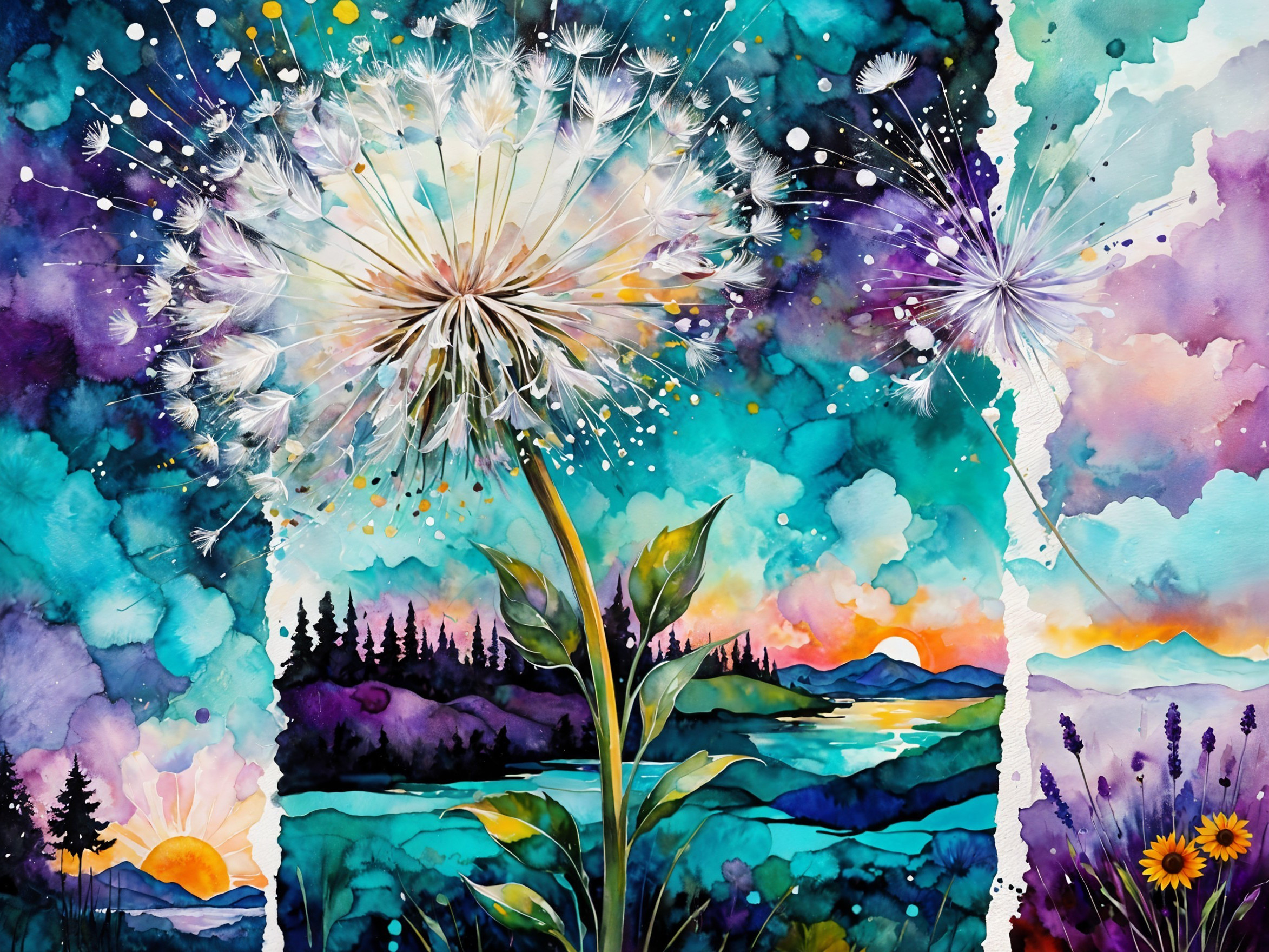 Vibrant Watercolor of Dandelion Puff and Landscape