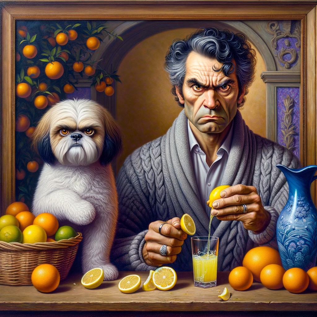 Stern Man in Sweater Juicing Lemons with Dog Nearby