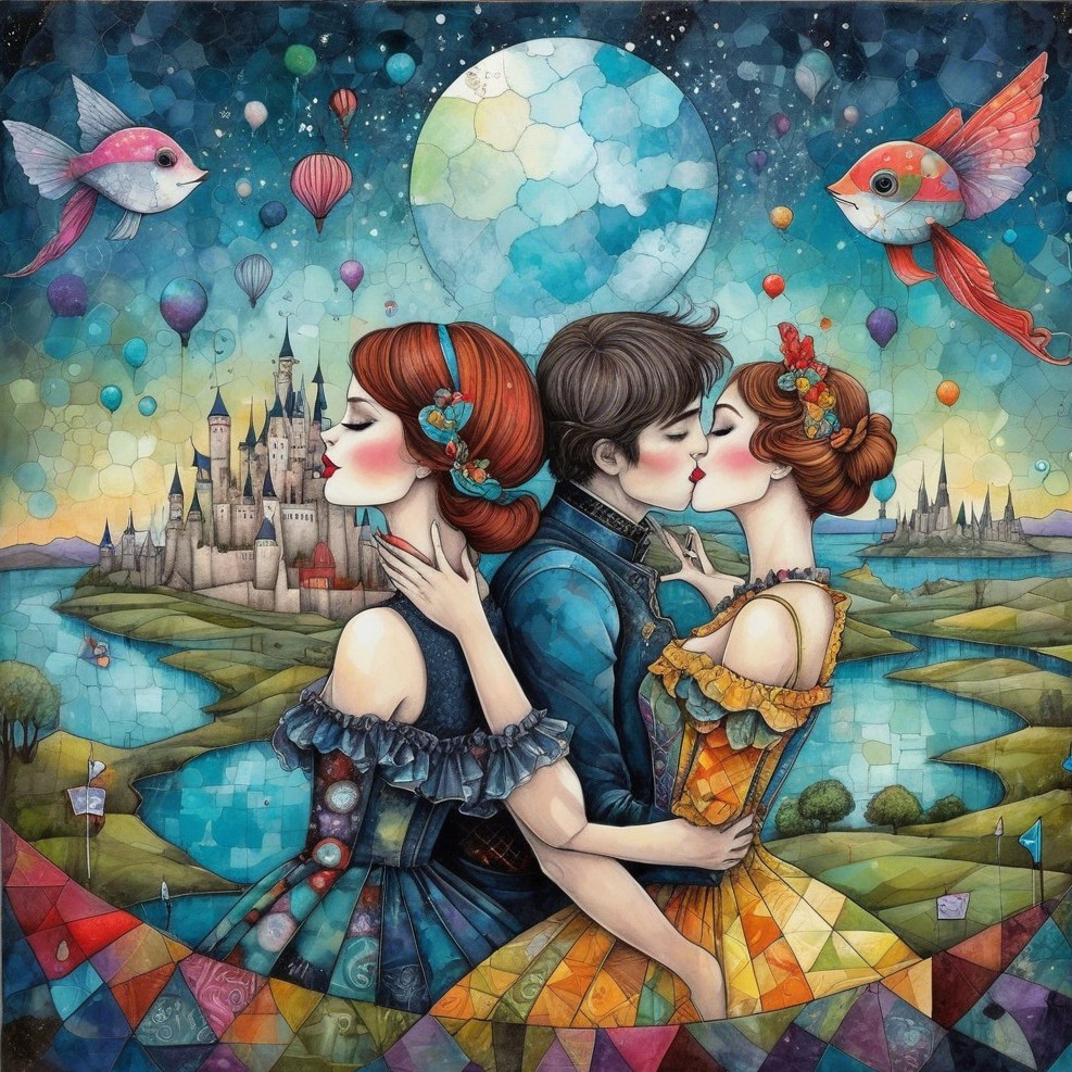Whimsical Scene of a Couple Kissing in Colorful Landscape