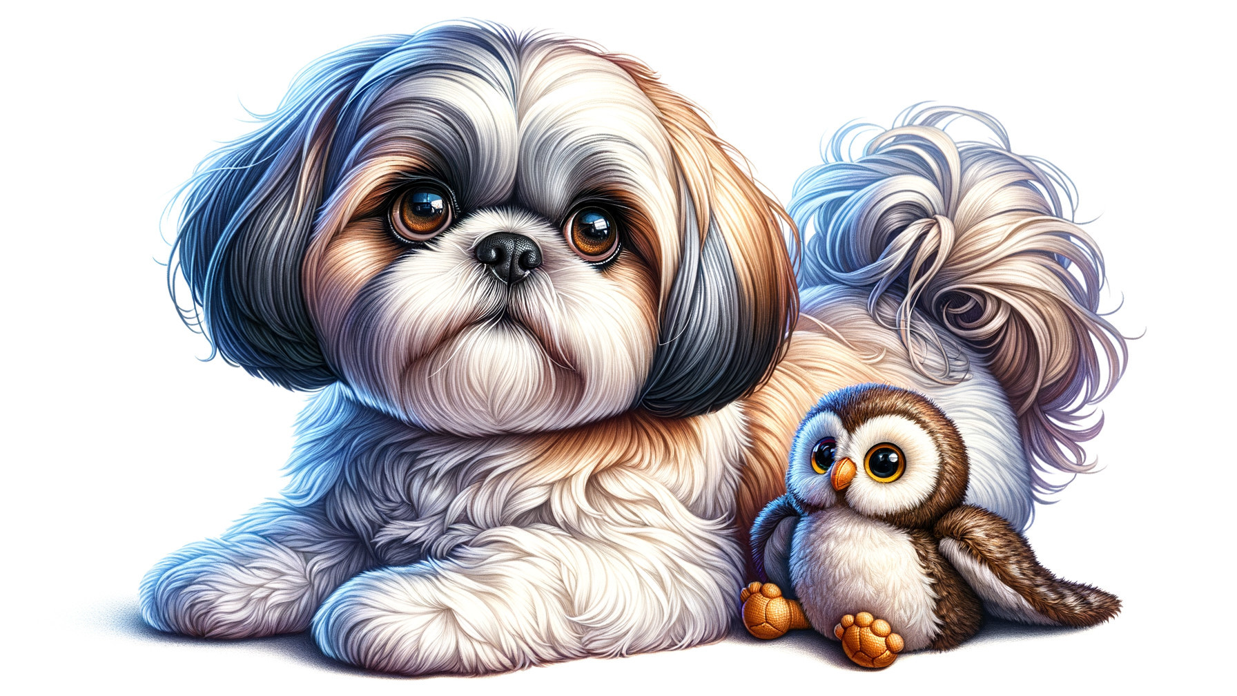 Cute Cartoon Shih Tzu Puppy with Cartoon Owl Illustration