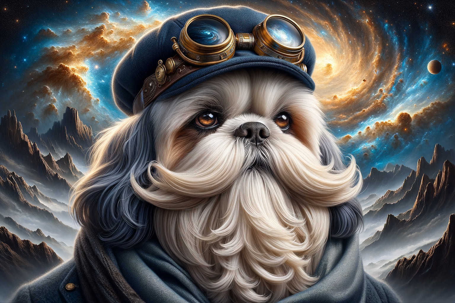 Steampunk Dog with Mustache in Cosmic Landscape