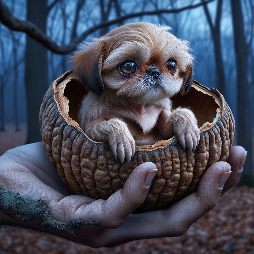 Puppy in Walnut Shell in Misty Forest Setting