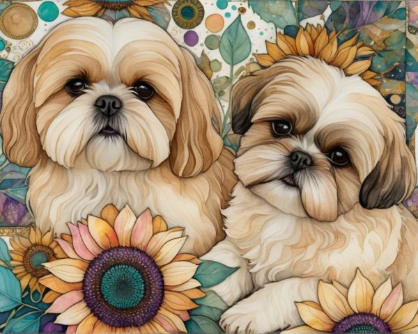 Shih Tzu Dogs Surrounded by Sunflowers and Patterns