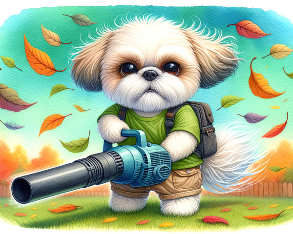 Cartoon Dog in Green Outfit with Leaf Blower in Fall