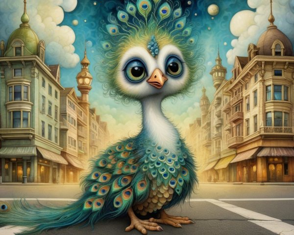 Cartoonish Peacock Chick in Vibrant Cityscape