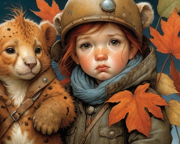Young girl with red hair and lion cub in autumn scene