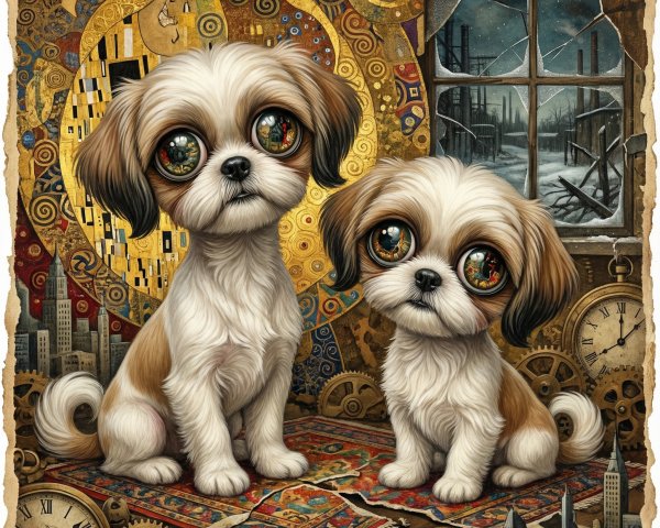 Cartoonish Shih Tzu Puppies on Ornate Rug Background