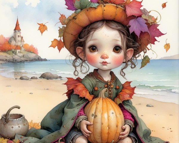Whimsical Beach Scene with Girl and Pumpkins