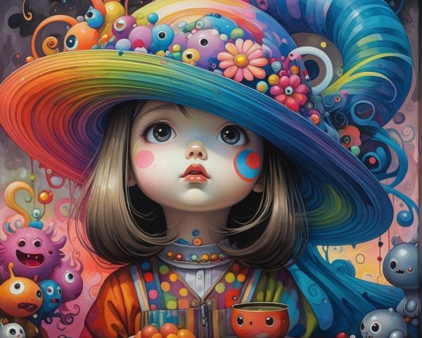Whimsical Illustration of a Girl with Colorful Creatures
