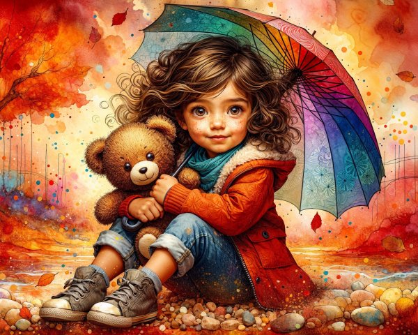 Whimsical Autumn Scene with Girl and Teddy Bear