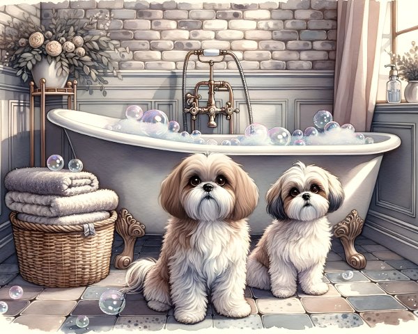 Charming Bathroom with Fluffy Dogs and Clawfoot Tub