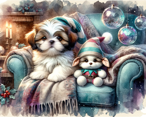 Watercolor Painting of Shih Tzu Puppy and Teddy Bear