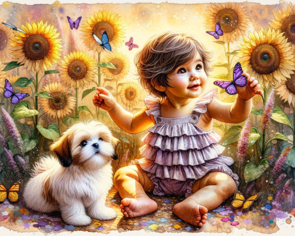 Joyful Baby Surrounded by Sunflowers and Butterflies