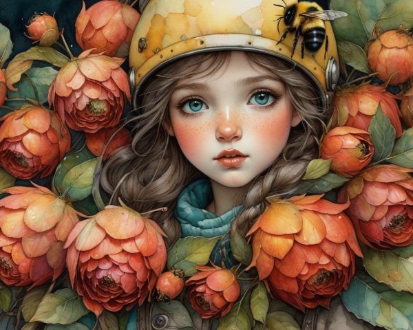 Young girl with roses and yellow helmet in nature