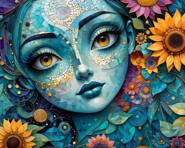 Stylized Female Face in Vibrant Mosaic Patterns