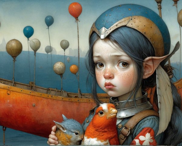 Elf-like Girl with Birds and Hot Air Balloons Scene