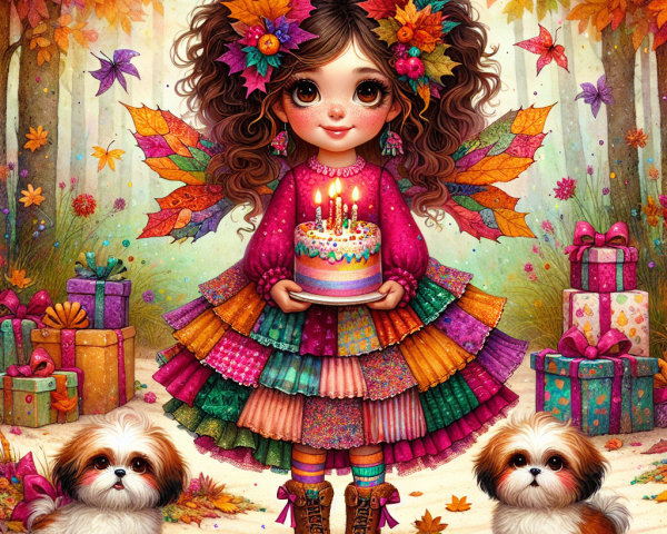 Whimsical girl in autumn forest with birthday cake