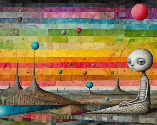 Surreal Landscape with Vibrant Colors and Alien Figure