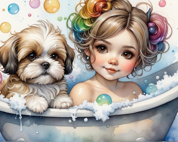 Young girl in colorful bubbly bathtub with puppy