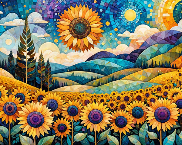 Vibrant Abstract Landscape with Oversized Sunflowers