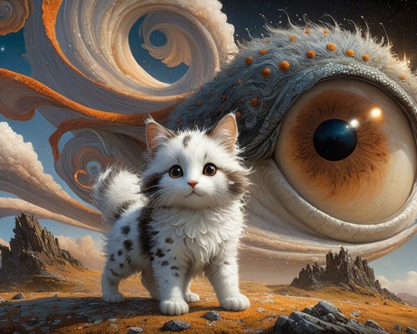 Fluffy Kitten and Giant Octopus in Surreal Landscape