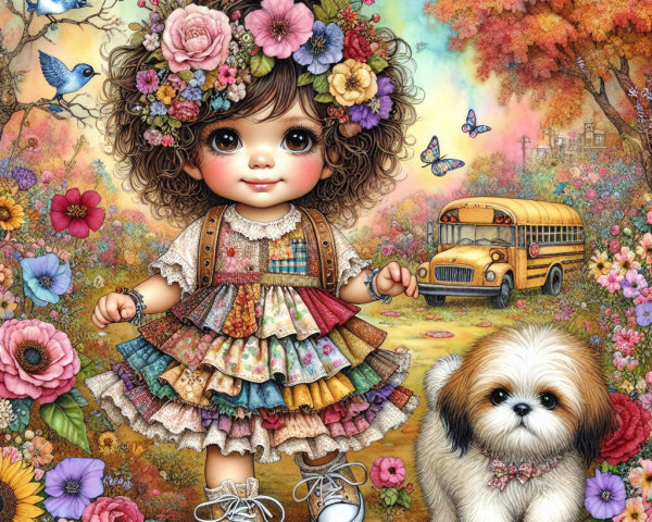 Young girl in garden with flowers and butterflies