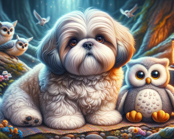 Fluffy Shih Tzu and Owl in Enchanted Forest Scene