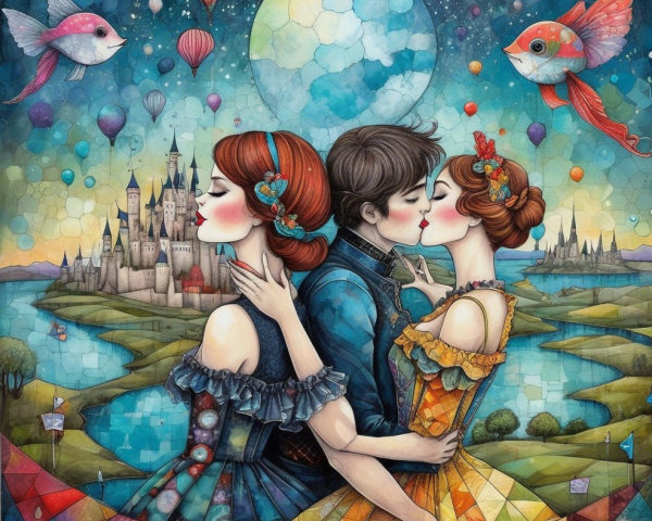 Whimsical Scene of a Couple Kissing in Colorful Landscape